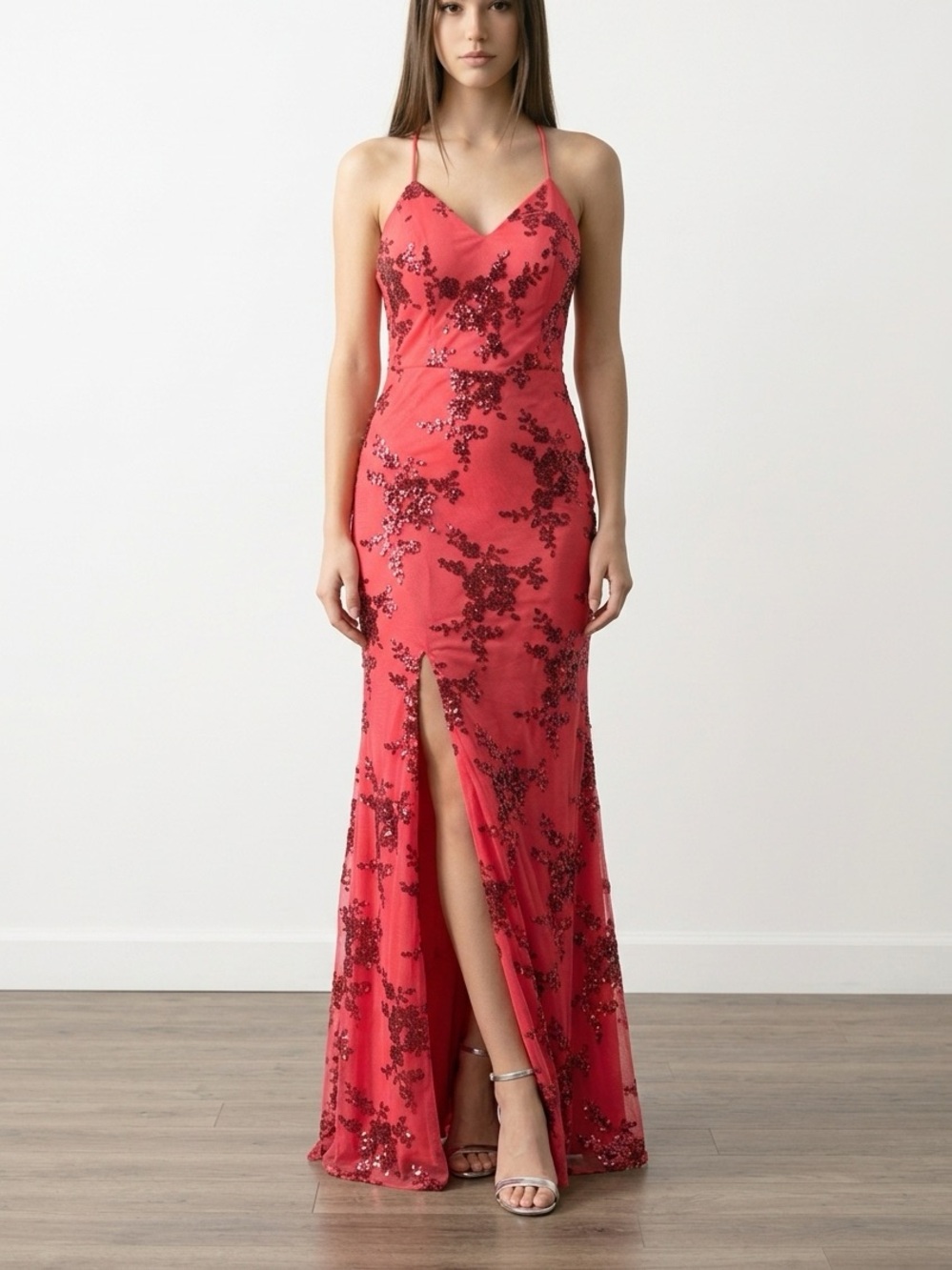 Pink Sequin Spaghetti-Strap Evening Gown